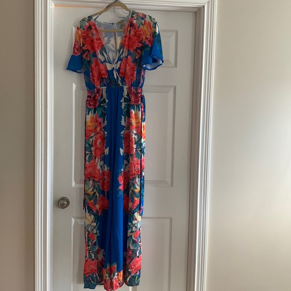 Flying Tomato Womens Blue Orange Floral Jumpsuit Size M Belted NWT